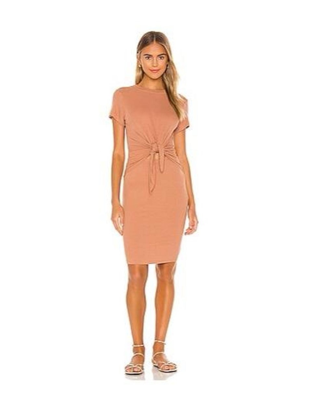 LNA Knot-Front Short Sleeve Midi Dress in Tan